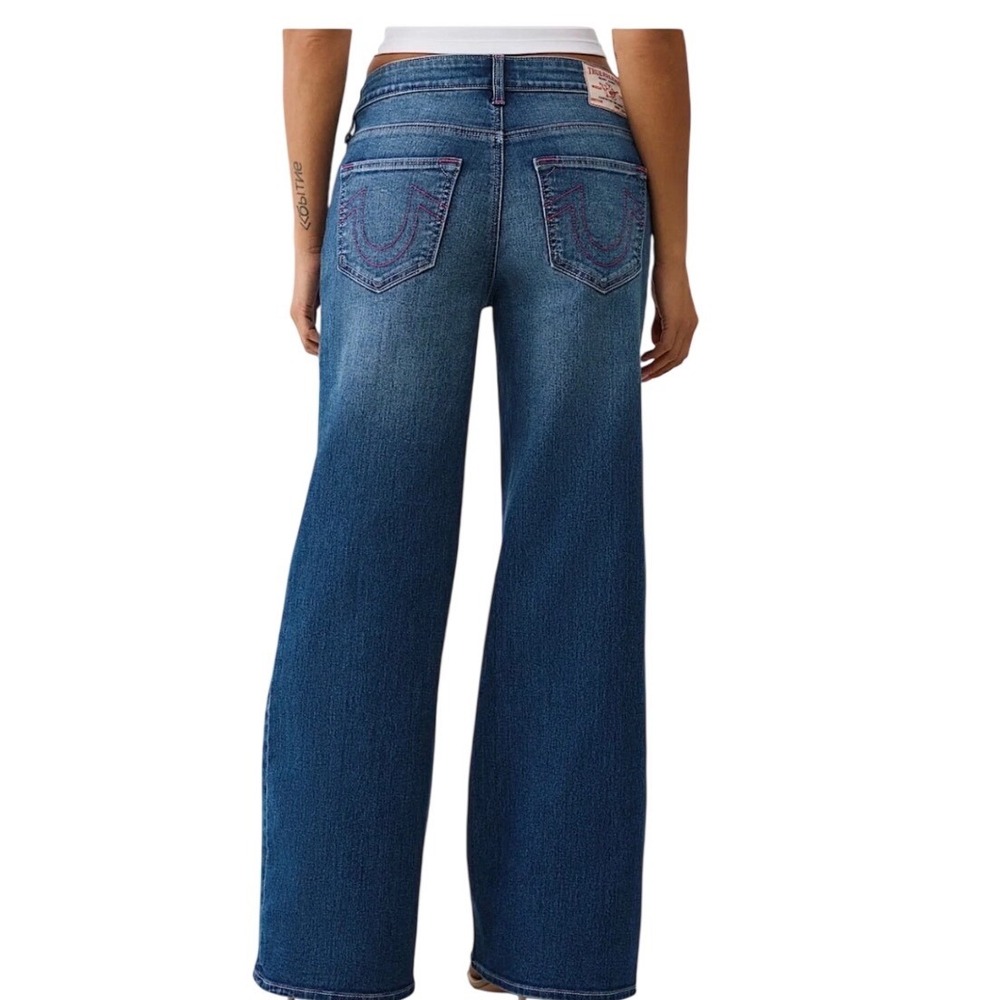 True Religion Bobbi Baggy Jeans Women 32 Medium Wash‎ Pink Stitching